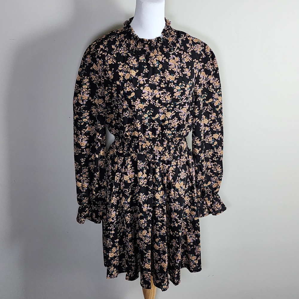 Floral Long Sleeve Mini Dress Womens Medium Black‎ Smocked Mock Neck Cottagecore